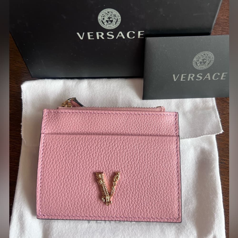 VERSACE Gold Metal Logo Virtus Calfskin Grain Pink Leather ID Card Coin Holder - Thumbnail 4