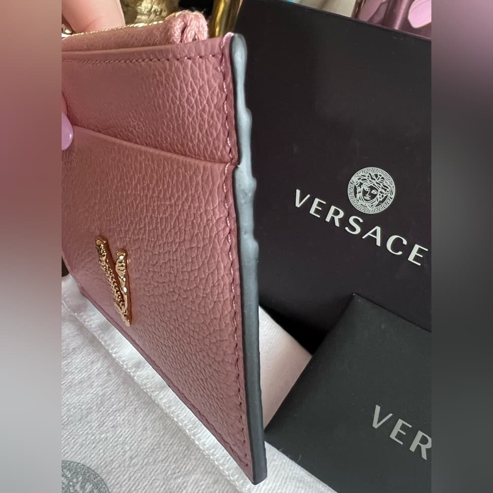 VERSACE Gold Metal Logo Virtus Calfskin Grain Pink Leather ID Card Coin Holder - Thumbnail 10