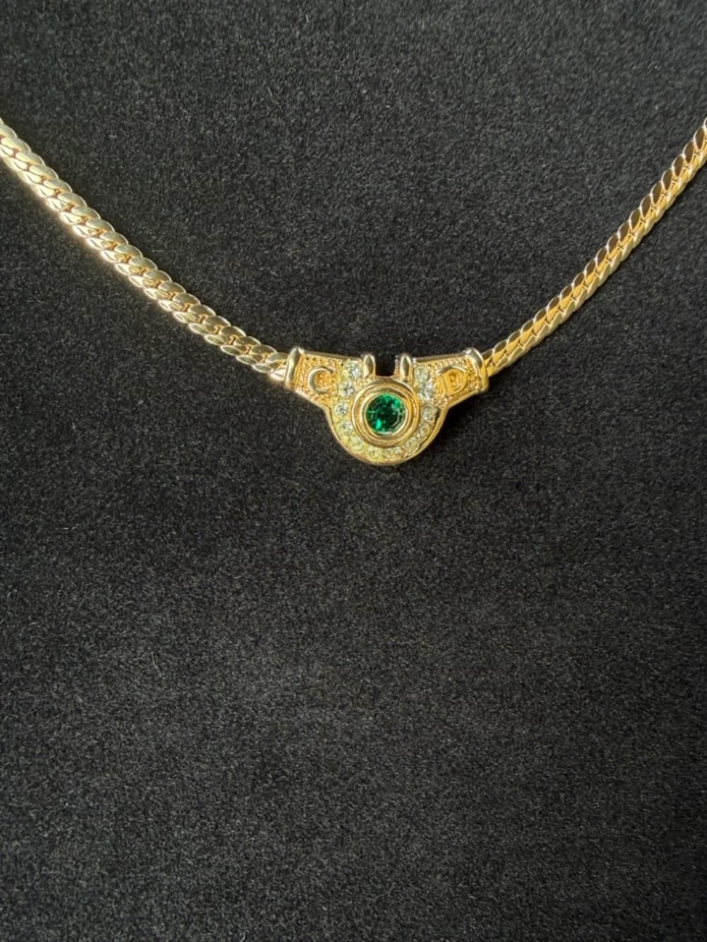Christian DIOR Rhinestone Necklace Green Gold Plated Flat Herringbone Chain 17” - Thumbnail 7