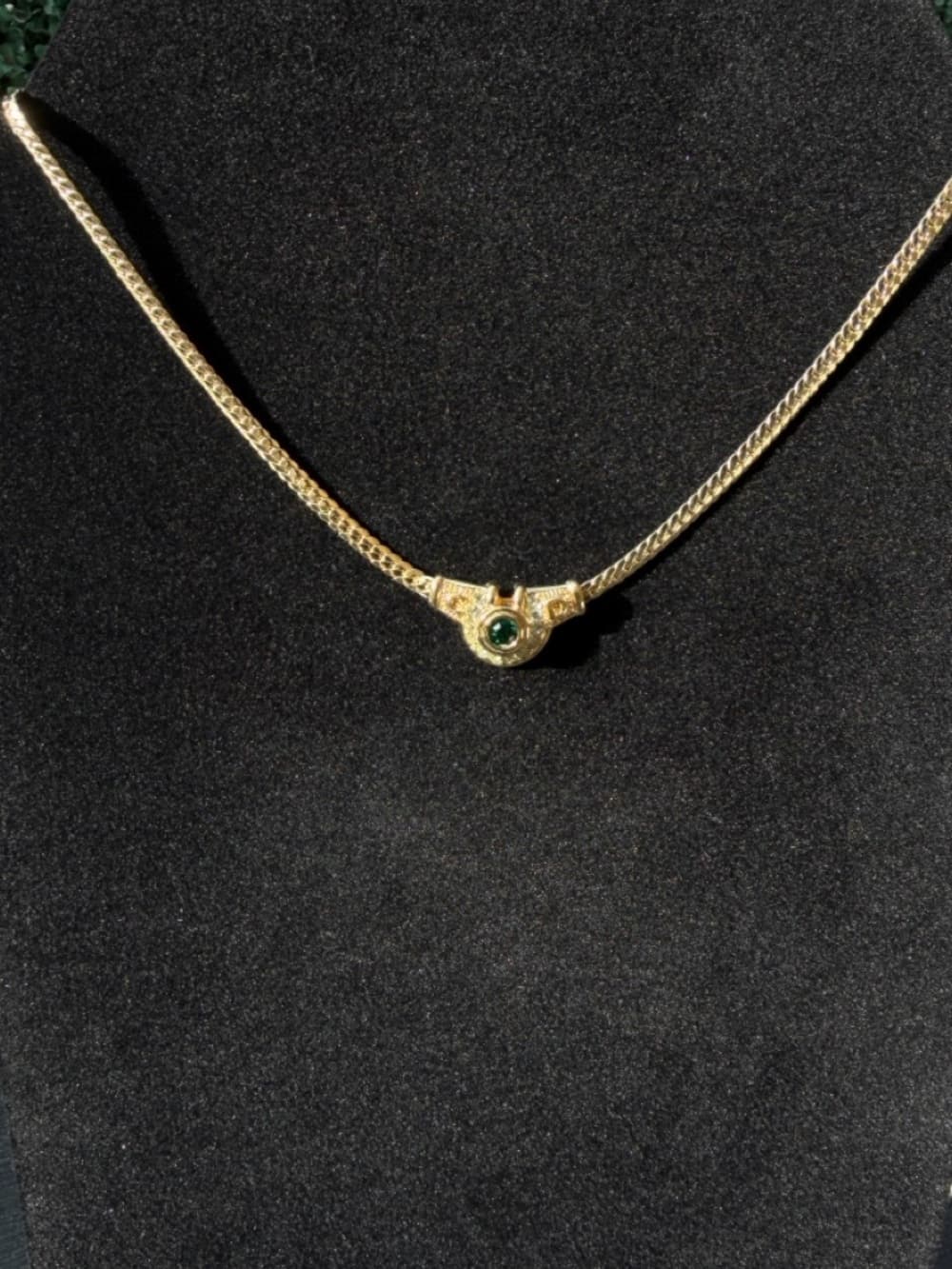 Christian DIOR Rhinestone Necklace Green Gold Plated Flat Herringbone Chain 17” - Thumbnail 11