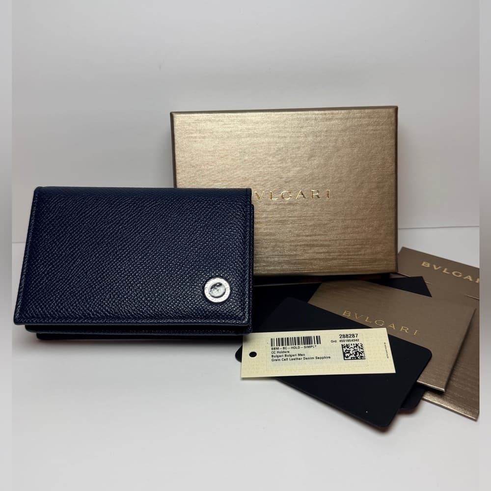 Bulgari BVLGARI Men's Denim Sapphire Grained Calf Leather Card Case Wallet NEW - Thumbnail 13