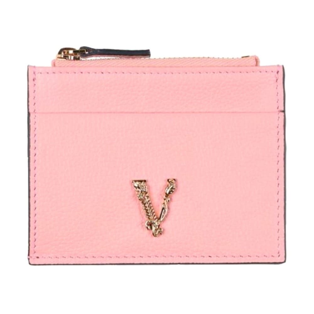 VERSACE Gold Metal Logo Virtus Calfskin Grain Pink Leather ID Card Coin Holder - Thumbnail 2