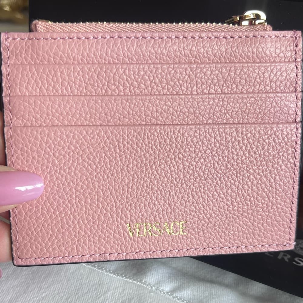 VERSACE Gold Metal Logo Virtus Calfskin Grain Pink Leather ID Card Coin Holder - Thumbnail 6