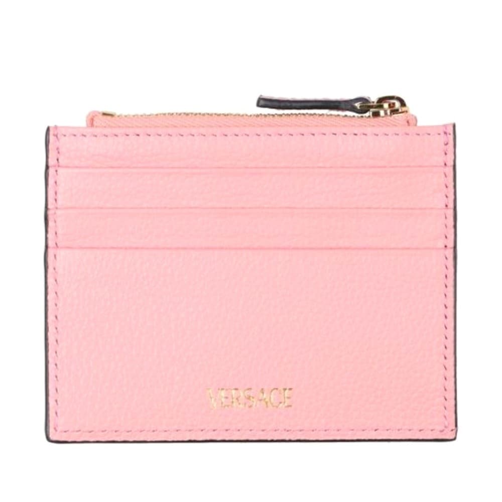 VERSACE Gold Metal Logo Virtus Calfskin Grain Pink Leather ID Card Coin Holder - Thumbnail 3