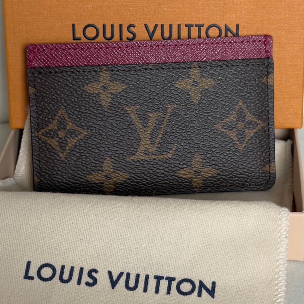 Louis Vuitton Logo Monogram Burgundy Card Holder Wallet RFID CHIPPED w/ Box - Thumbnail 3