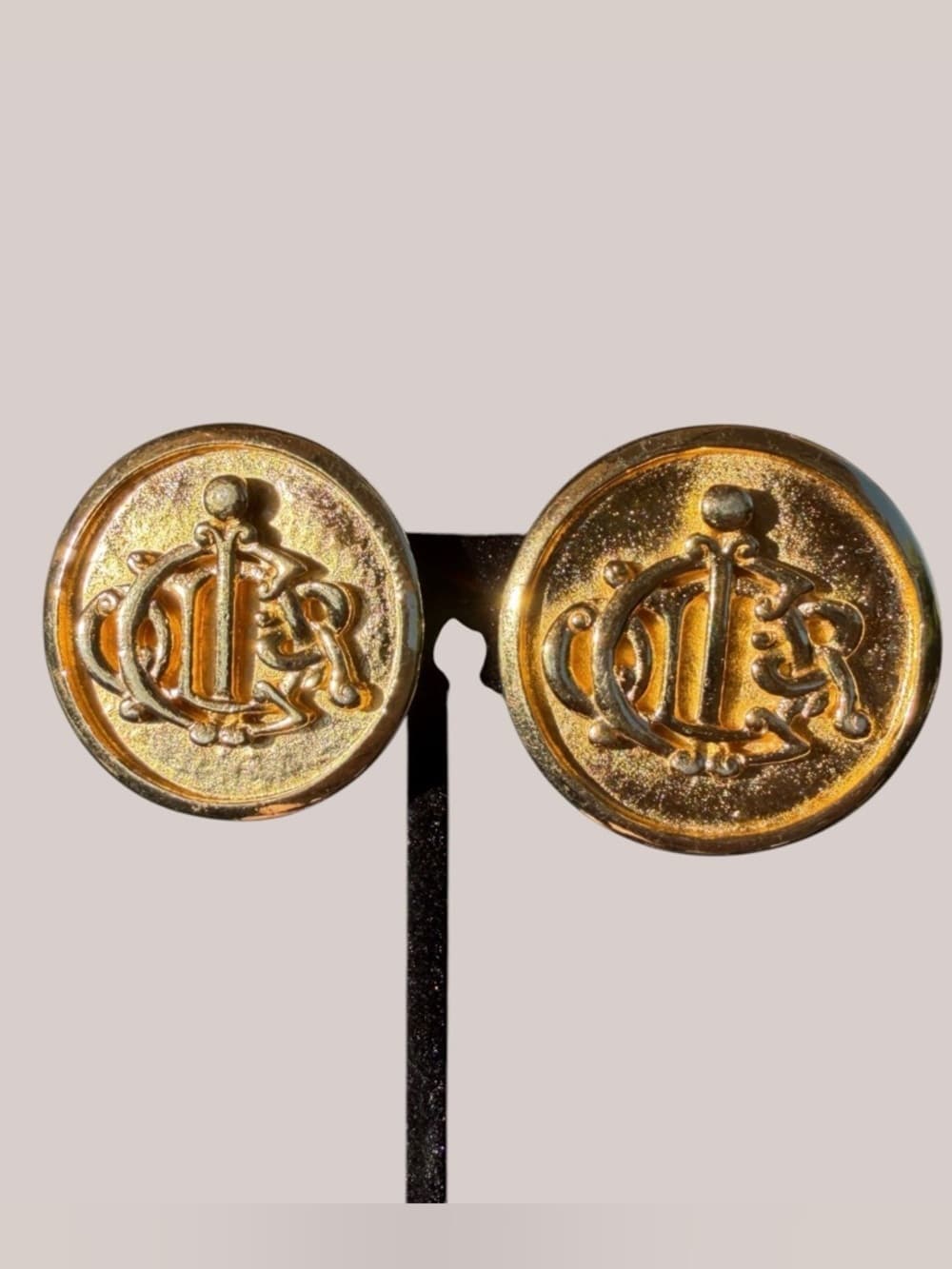 Christian Dior Vintage 1980’s Logo Gold Clip Coin Earrings 1.25” Round Statement - Thumbnail 3