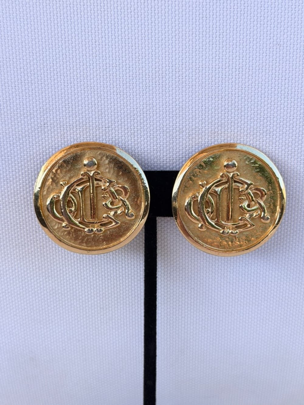 Christian Dior Vintage 1980’s Logo Gold Clip Coin Earrings 1.25” Round Statement - Thumbnail 2