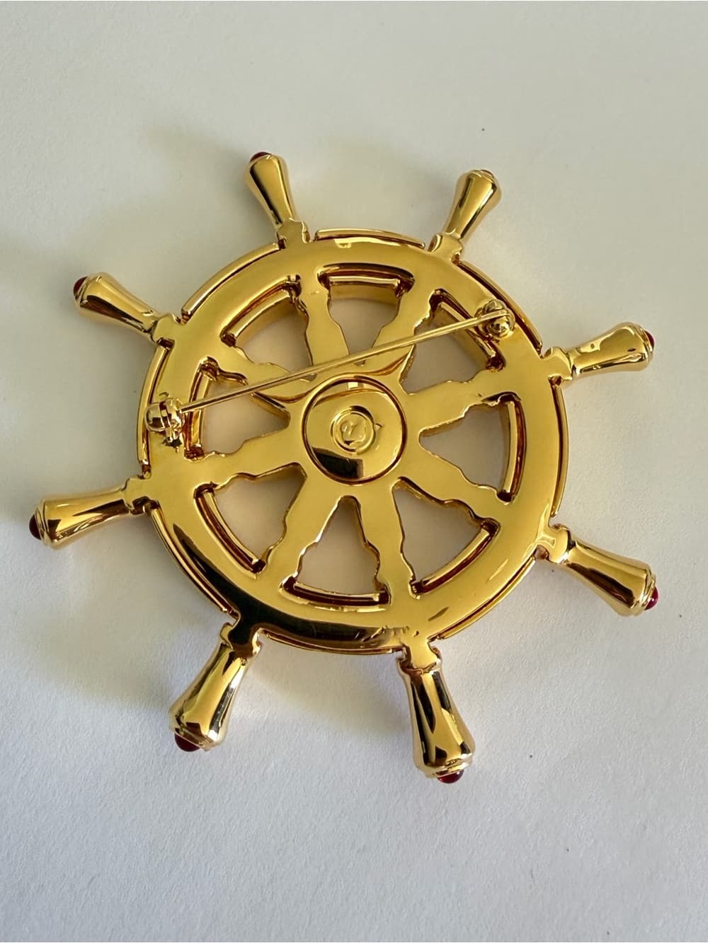 SWAROVSKI Nautical Ship Wheel Brooch Gemstone Crystal Blue Red Gold Pin Cruise - Thumbnail 6