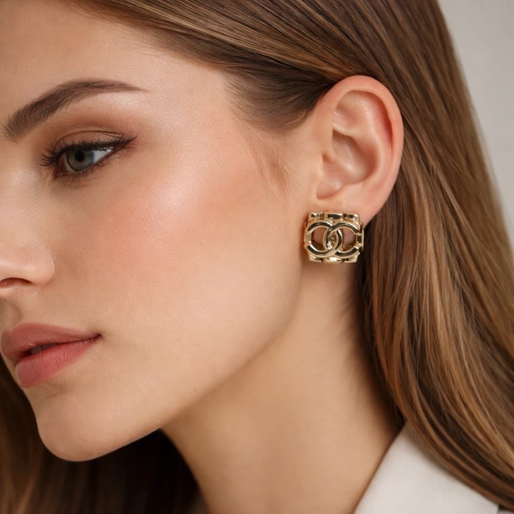 Chanel A22 CC Cube Logo Stud Earrings Gold Tone Made in France with Box - Thumbnail 4