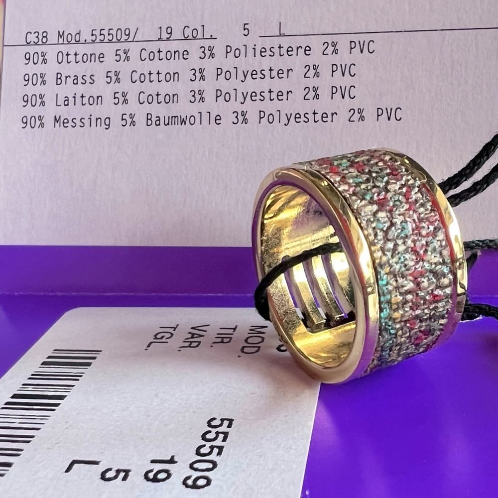 ETRO Wide Band Gold Tone Texture Colors Brass Ring Size US 8 Large 19 New - Thumbnail 5