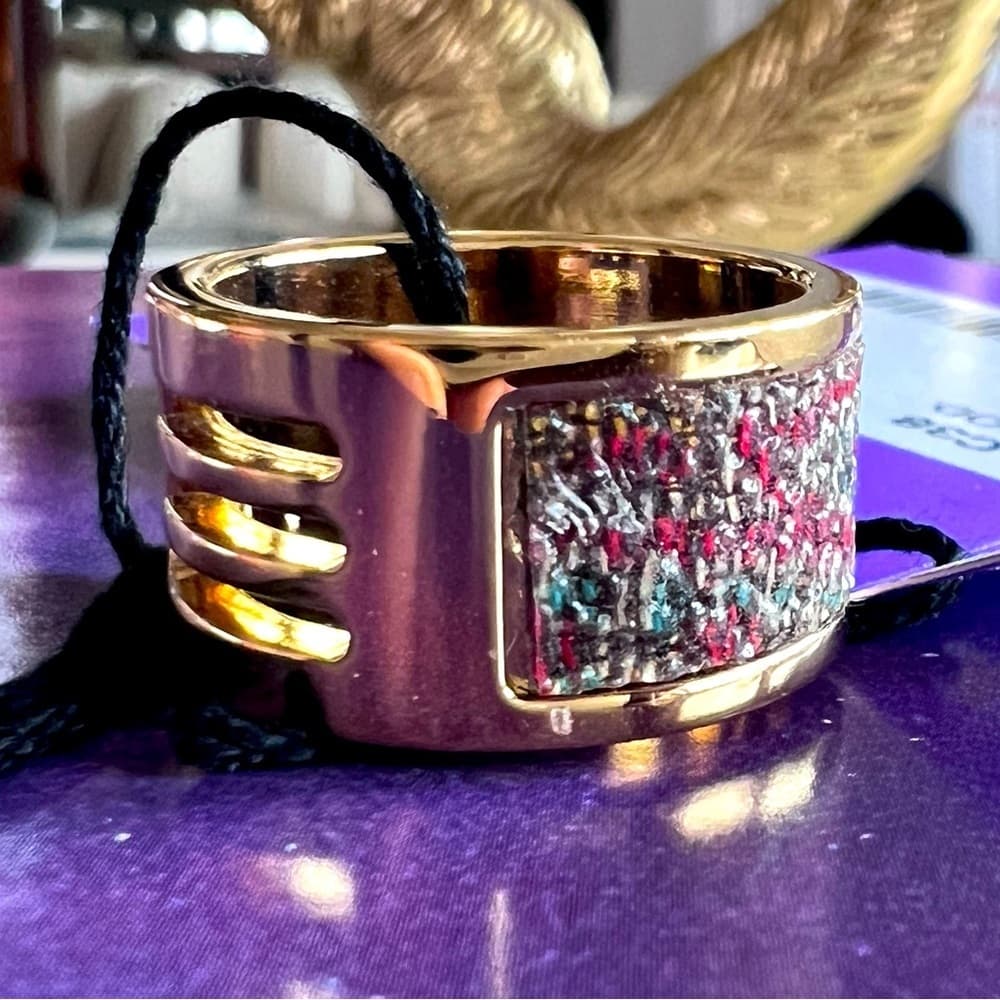 ETRO Wide Band Gold Tone Texture Colors Brass Ring Size US 8 Large 19 New - Thumbnail 7