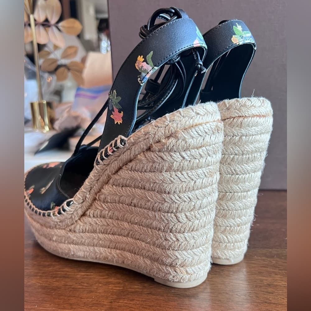 Saint Laurent YSL Floral Black Leather Ankle Wrap Espadrille Wedge Heel EU 40 - Thumbnail 8