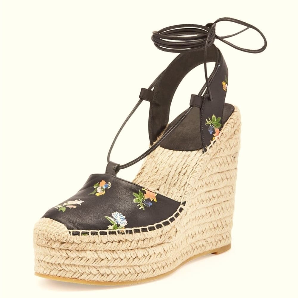 Saint Laurent YSL Floral Black Leather Ankle Wrap Espadrille Wedge Heel EU 40 - Thumbnail 3