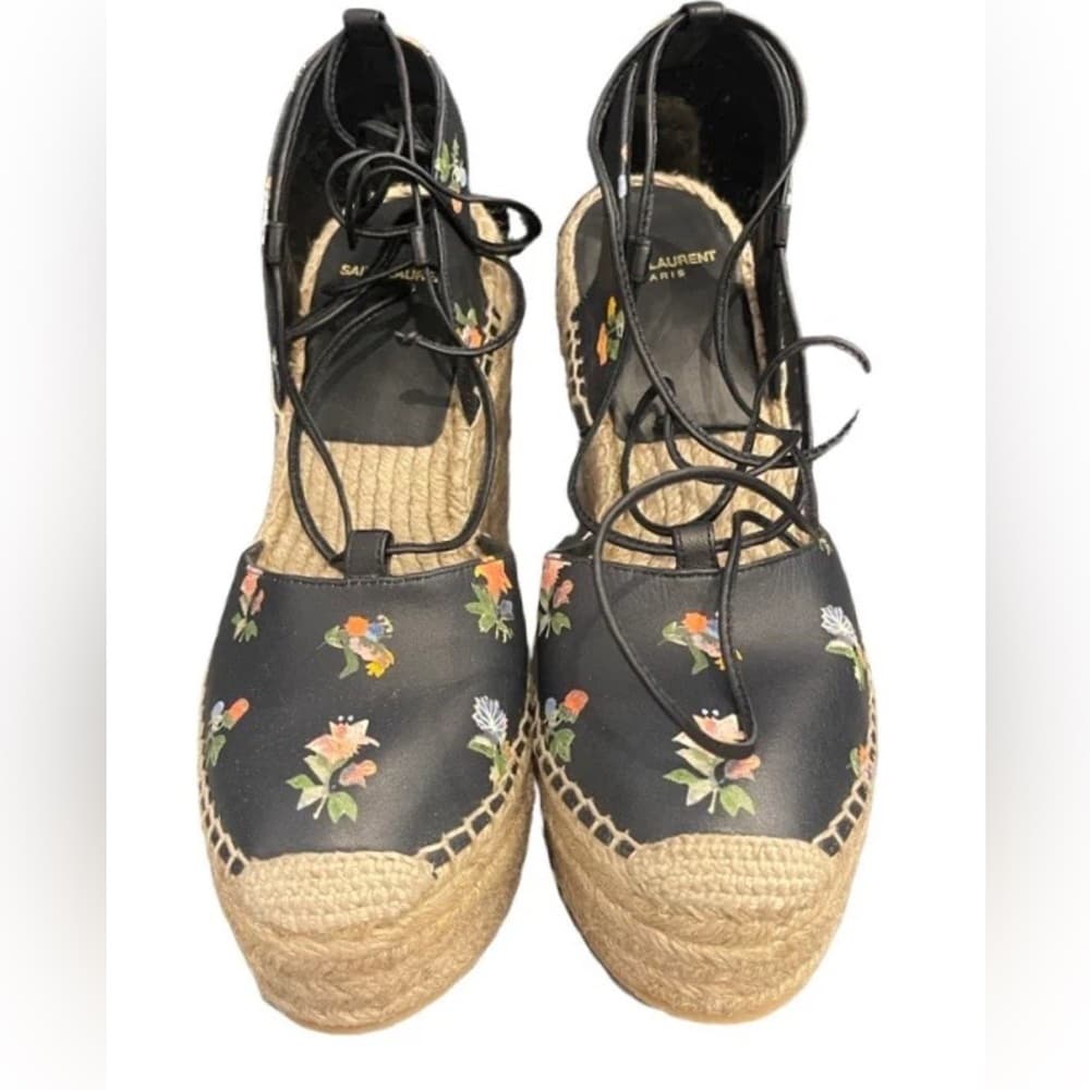 Saint Laurent YSL Floral Black Leather Ankle Wrap Espadrille Wedge Heel EU 40 - Thumbnail 4