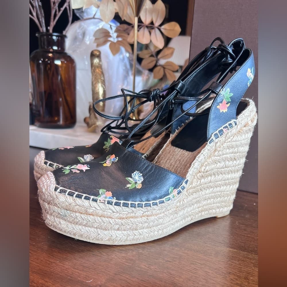 Saint Laurent YSL Floral Black Leather Ankle Wrap Espadrille Wedge Heel EU 40 - Thumbnail 5