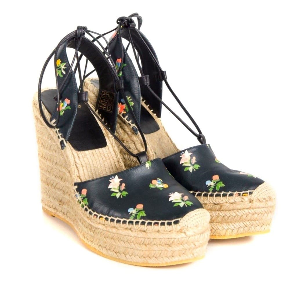 Saint Laurent YSL Floral Black Leather Ankle Wrap Espadrille Wedge Heel EU 40 - Thumbnail 2
