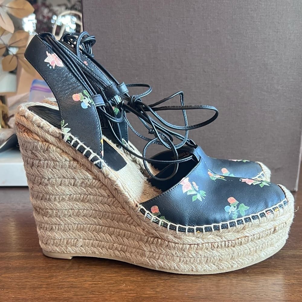 Saint Laurent YSL Floral Black Leather Ankle Wrap Espadrille Wedge Heel EU 40 - Thumbnail 6