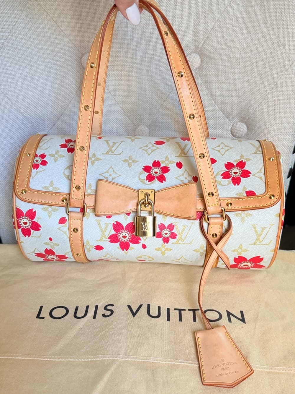 Louis Vuitton Cherry Blossom Papillon Takashi Murakami White Monogram Bag Rare - Thumbnail 2