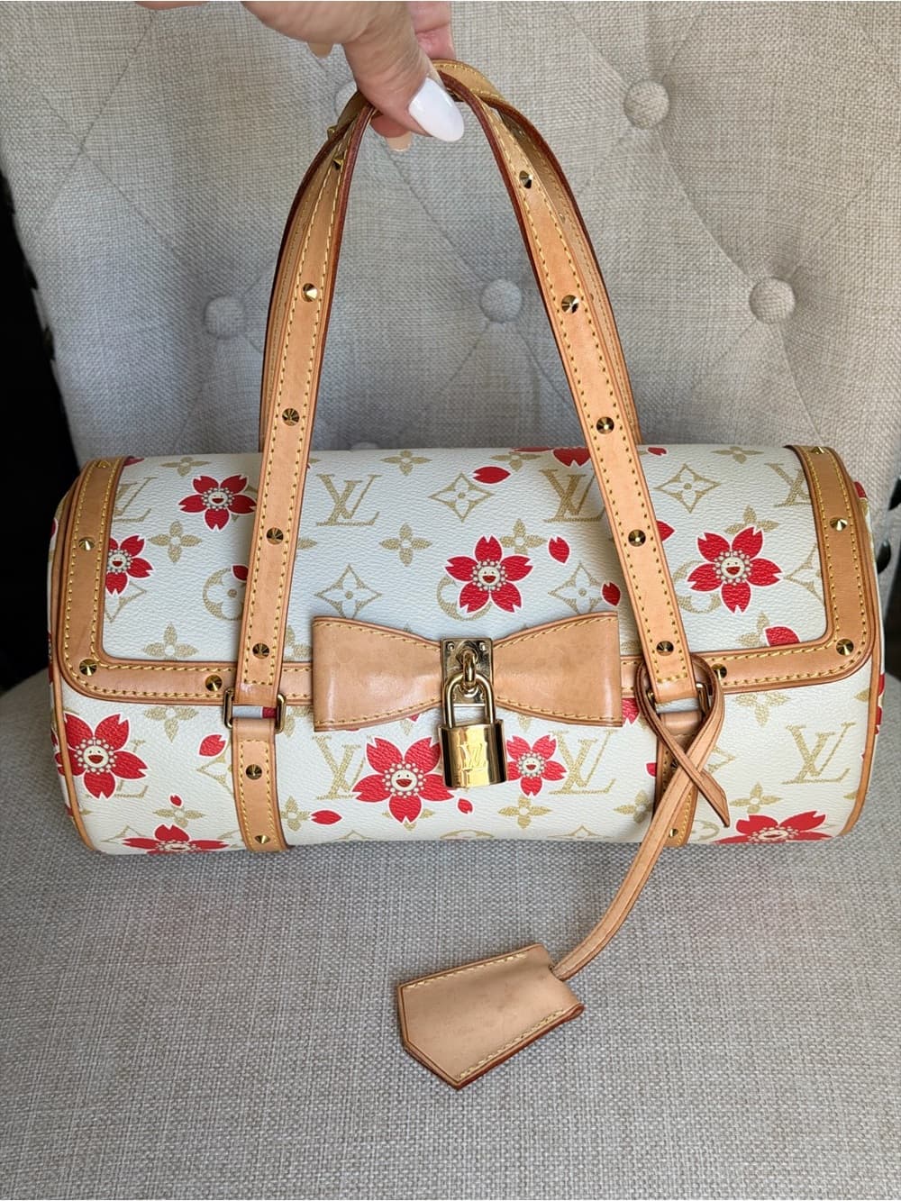 Louis Vuitton Cherry Blossom Papillon Takashi Murakami White Monogram Bag Rare - Thumbnail 3