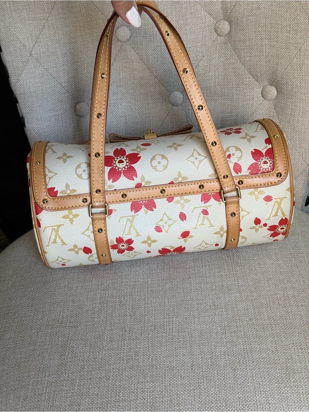 Louis Vuitton Cherry Blossom Papillon Takashi Murakami White Monogram Bag Rare - Thumbnail 5