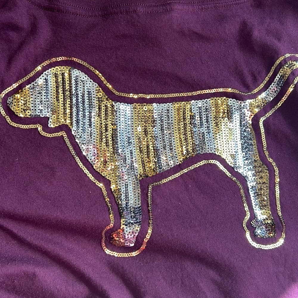 🎉 EUC VS PINK 🌟 BLING Perfect V Neck Shirt SEQUINS DOG Silver Gold Burgundy M - Thumbnail 6