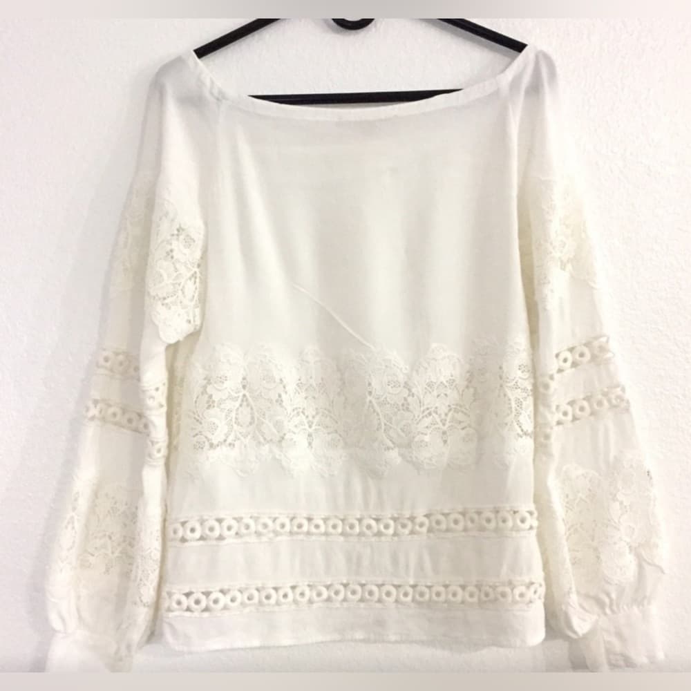 For LOVE & LEMONS Off Shoulder Off White Bohemian Embroidered Crochet Lace Top L - Thumbnail 6
