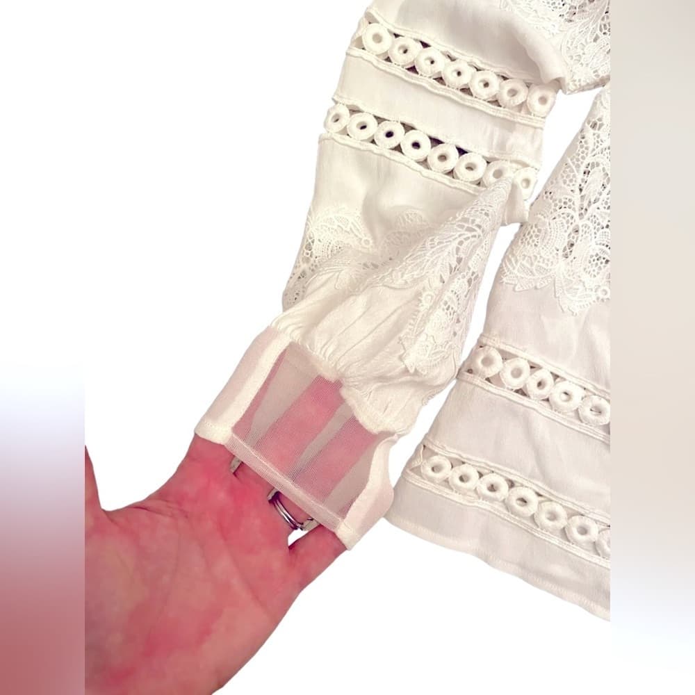 For LOVE & LEMONS Off Shoulder Off White Bohemian Embroidered Crochet Lace Top L - Thumbnail 8