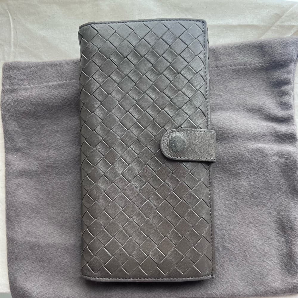 Bottega Veneta Intrecciato Snap Bifold Long Leather Card Wallet Brown Grey Color - Thumbnail 2