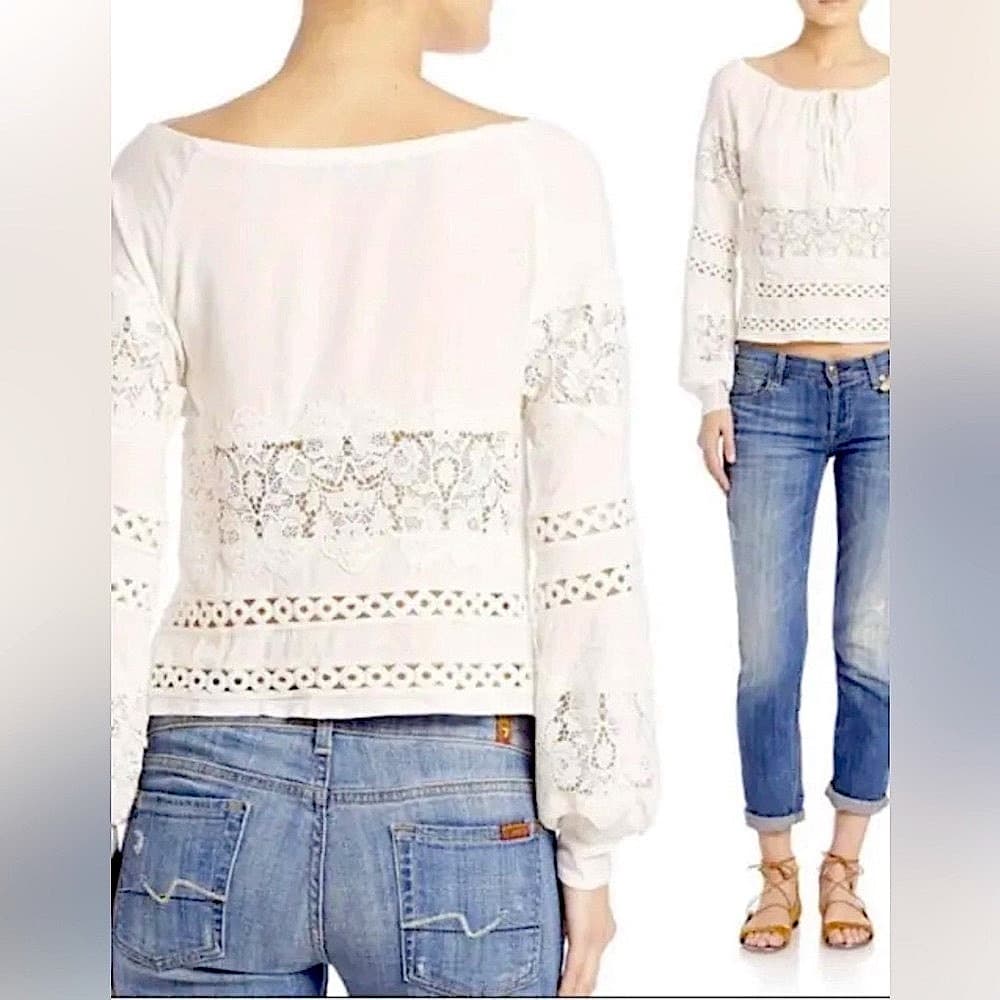 For LOVE & LEMONS Off Shoulder Off White Bohemian Embroidered Crochet Lace Top L - Thumbnail 2