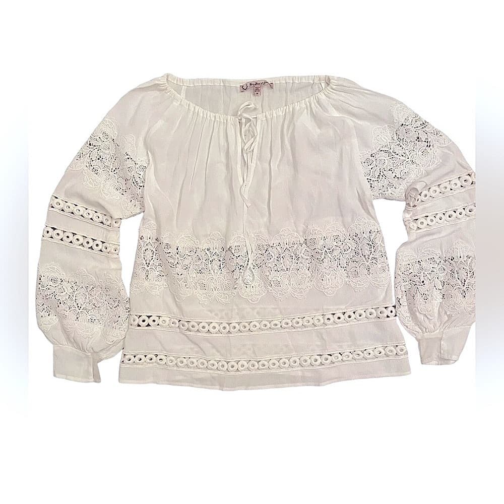 For LOVE & LEMONS Off Shoulder Off White Bohemian Embroidered Crochet Lace Top L - Thumbnail 3