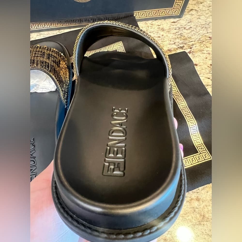 FENDACE Fendi x Versace Collab Gold Metal Mesh Black Pool Slides Rubber EU 40 - Thumbnail 5