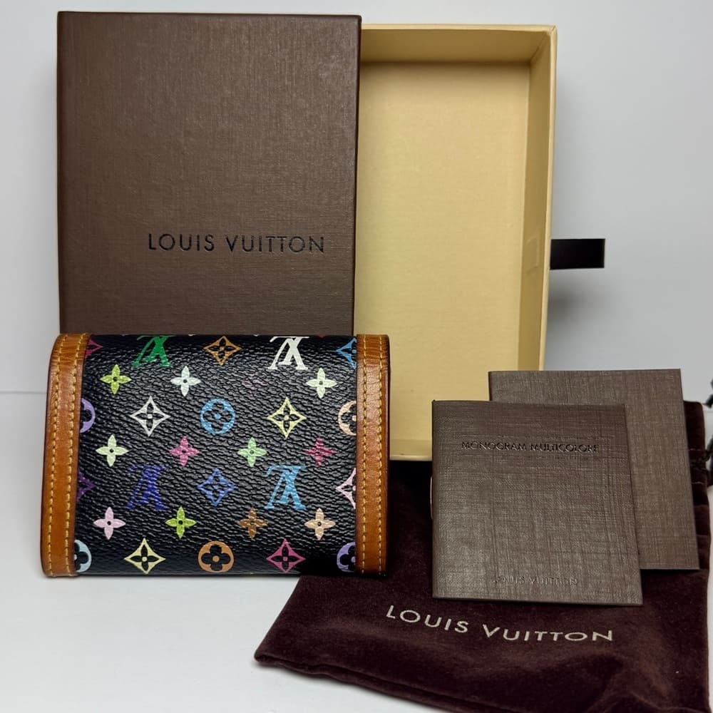 Louis Vuitton Murakami Black Porte Monnaie Plat Coin Card Wallet Full Inclusion - Thumbnail 5