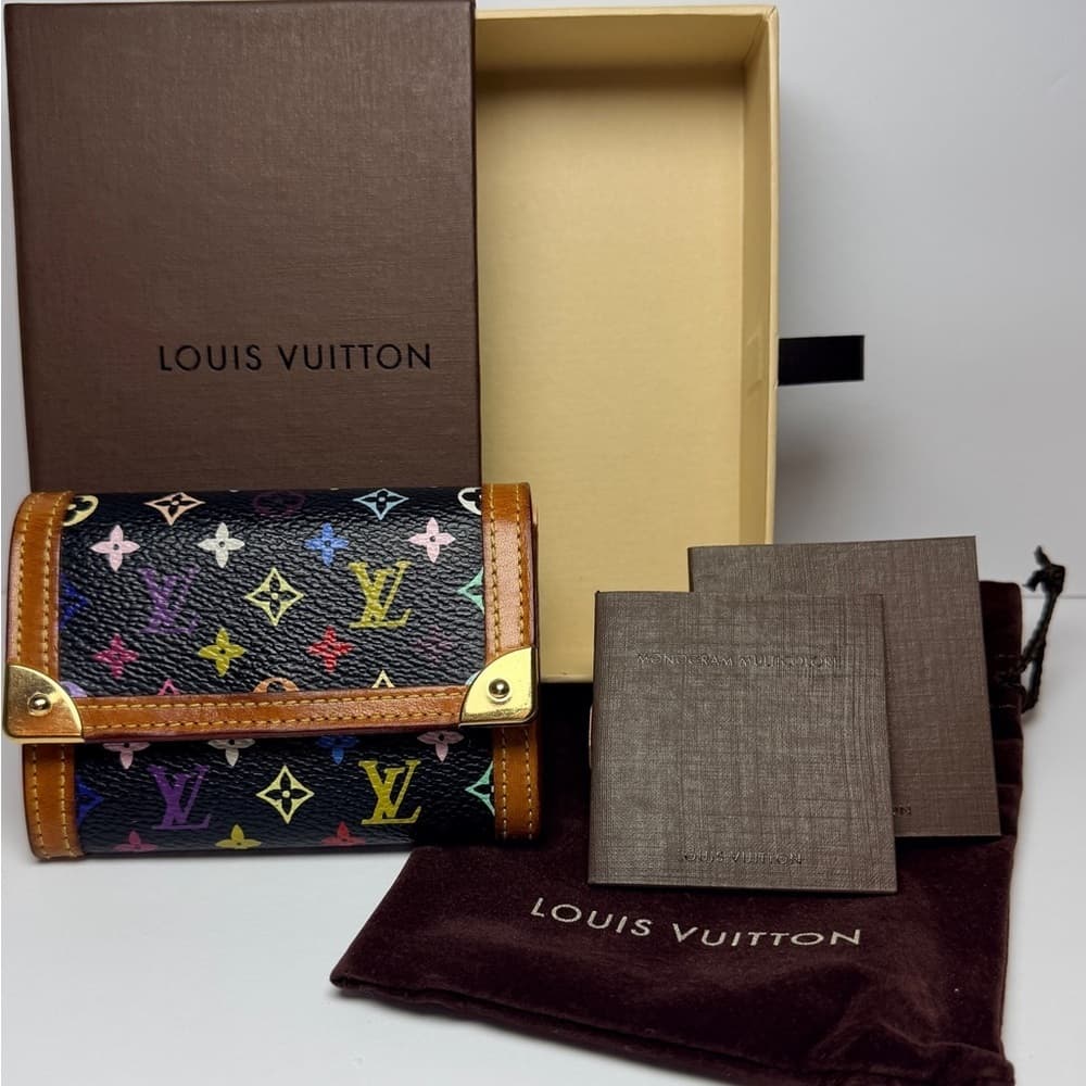 Louis Vuitton Murakami Black Porte Monnaie Plat Coin Card Wallet Full Inclusion - Thumbnail 4