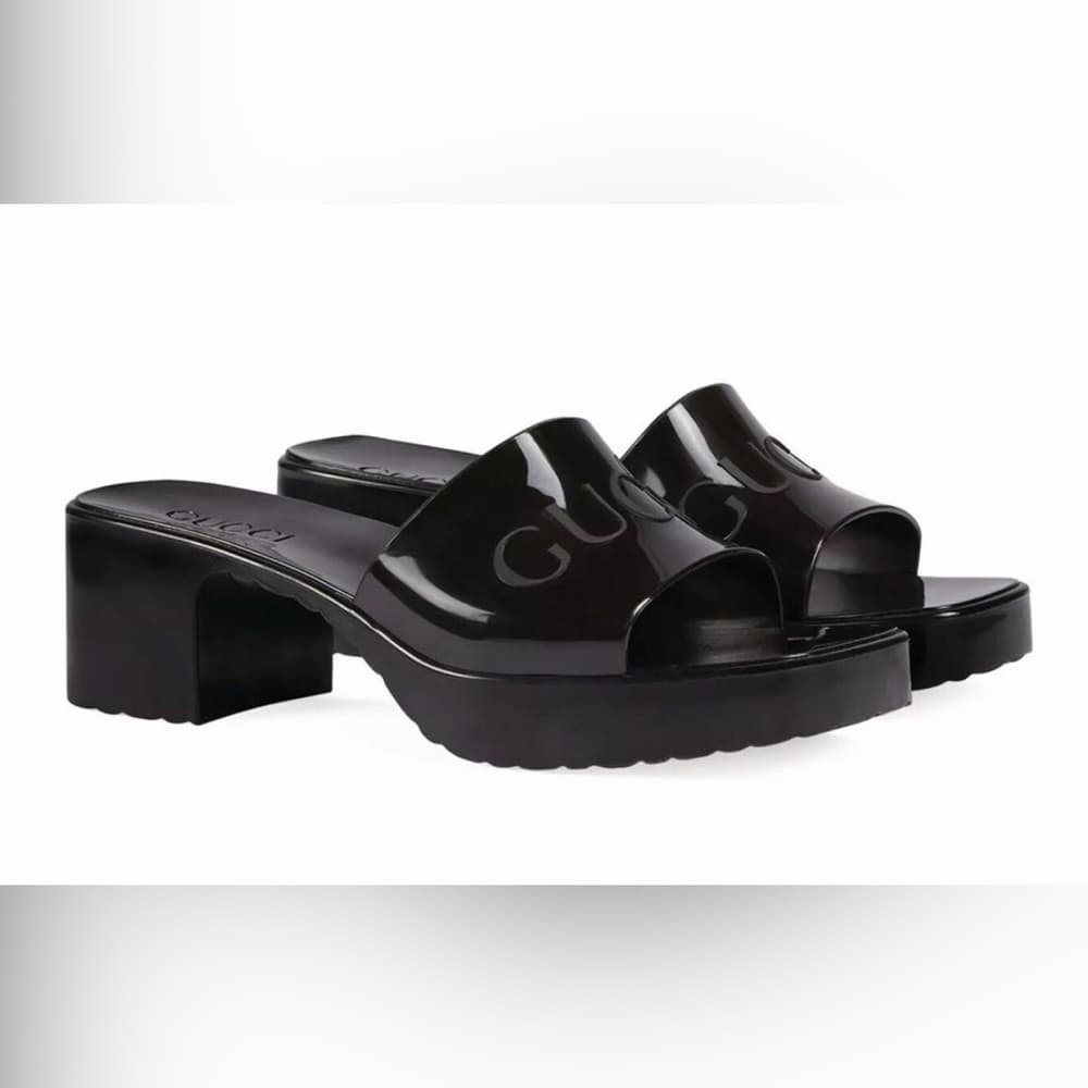 GUCCI Black Slip On Rubber Sandal Short Stack Heel EU 39 - Thumbnail 2