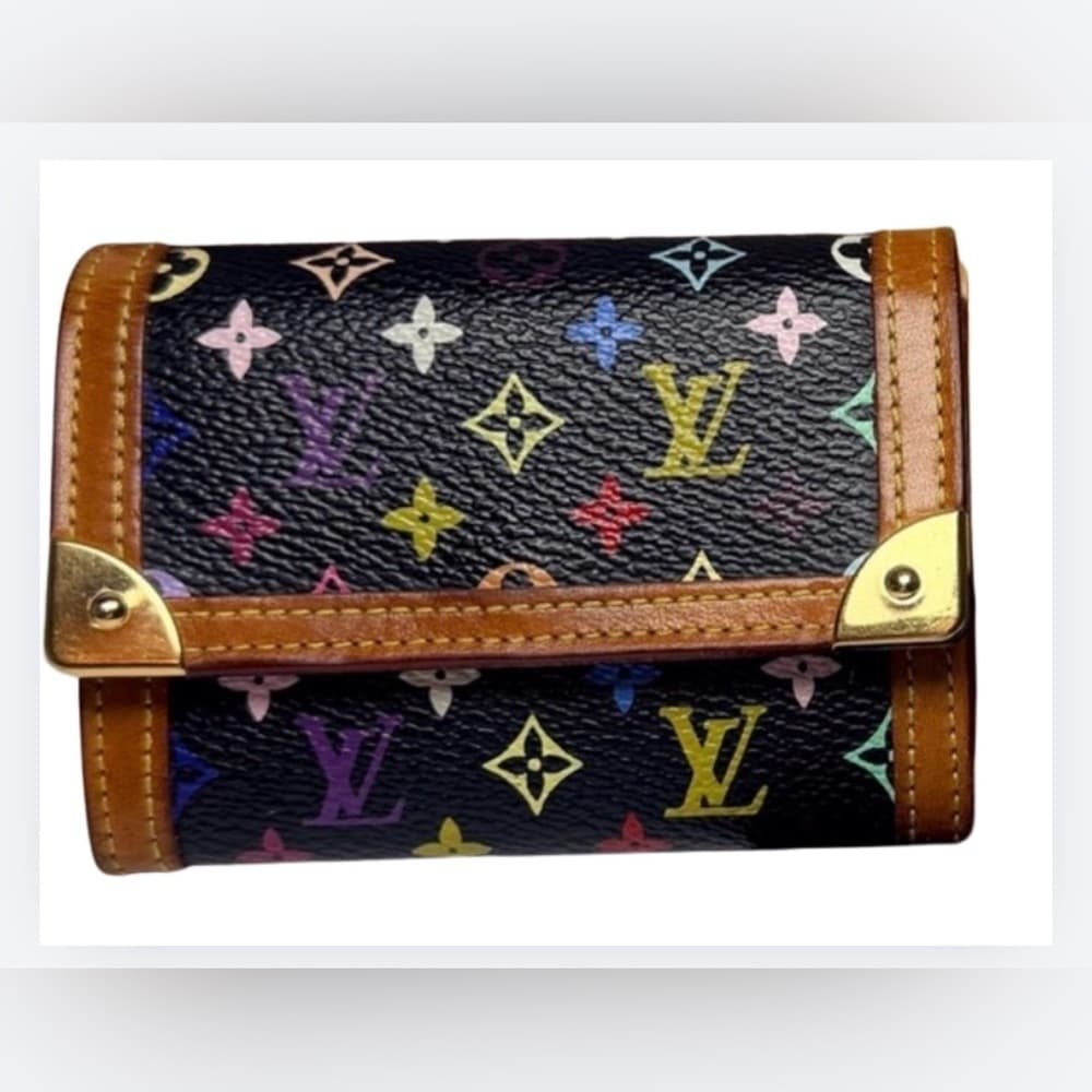 Louis Vuitton Murakami Black Porte Monnaie Plat Coin Card Wallet Full Inclusion - Thumbnail 6