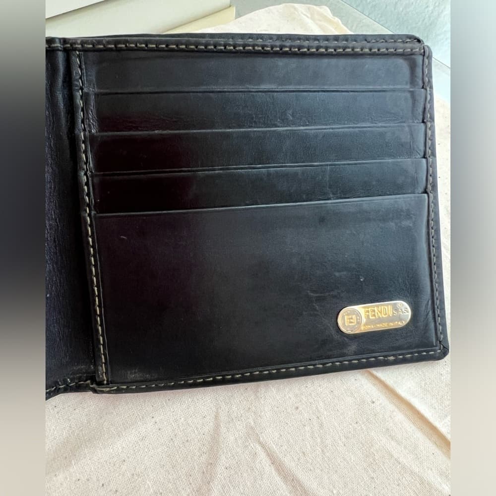 FENDI Mini ZUCCA Leather Bifold Credit Card Gold Tone Logo Wallet - Thumbnail 8