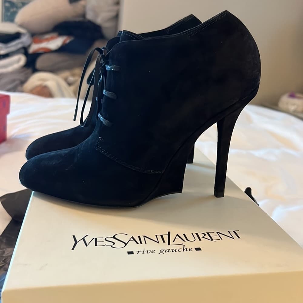 NEW SAINT LAURENT FATALE 105 black Leather Suede Lace Up Ankle Bootie EU 39.5 - Thumbnail 3