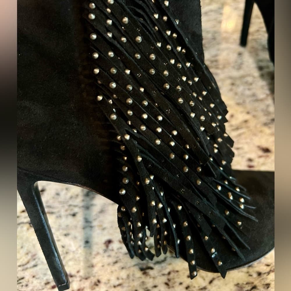 Saint Laurent Black Suede Leather Studded Fringe Trim High Heel Booties EU 39.5 - Thumbnail 5