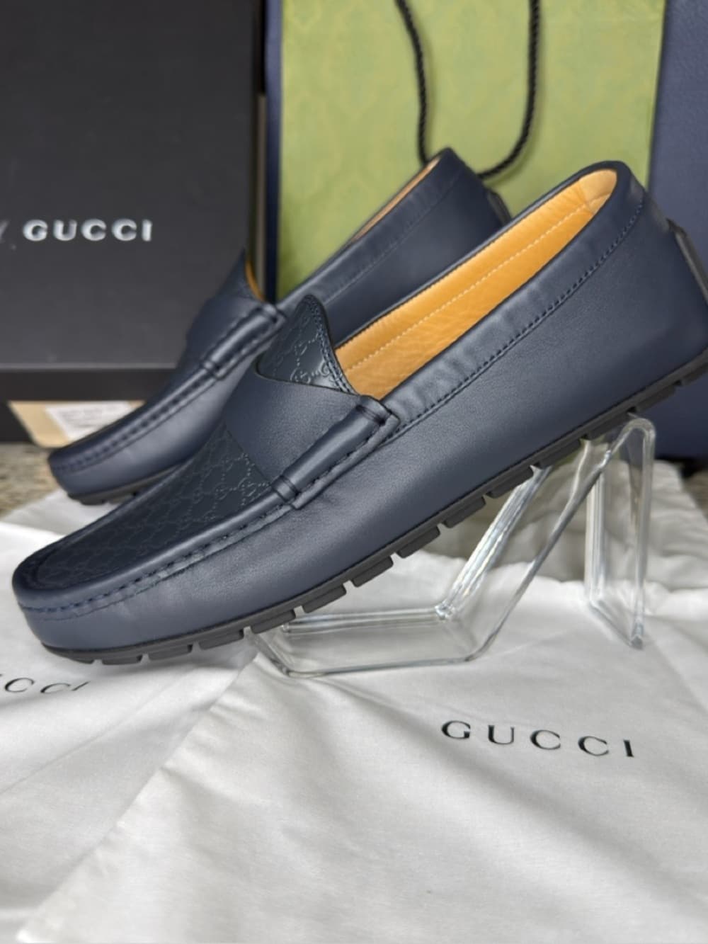 GUCCI Navy GG Microguccissima Leather Driver Loafer Size IT 6 Box Made Italy New - Thumbnail 4