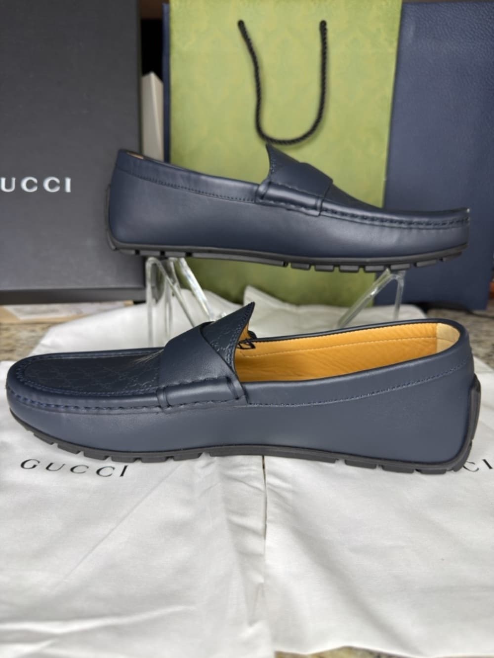 GUCCI Navy GG Microguccissima Leather Driver Loafer Size IT 6 Box Made Italy New - Thumbnail 7