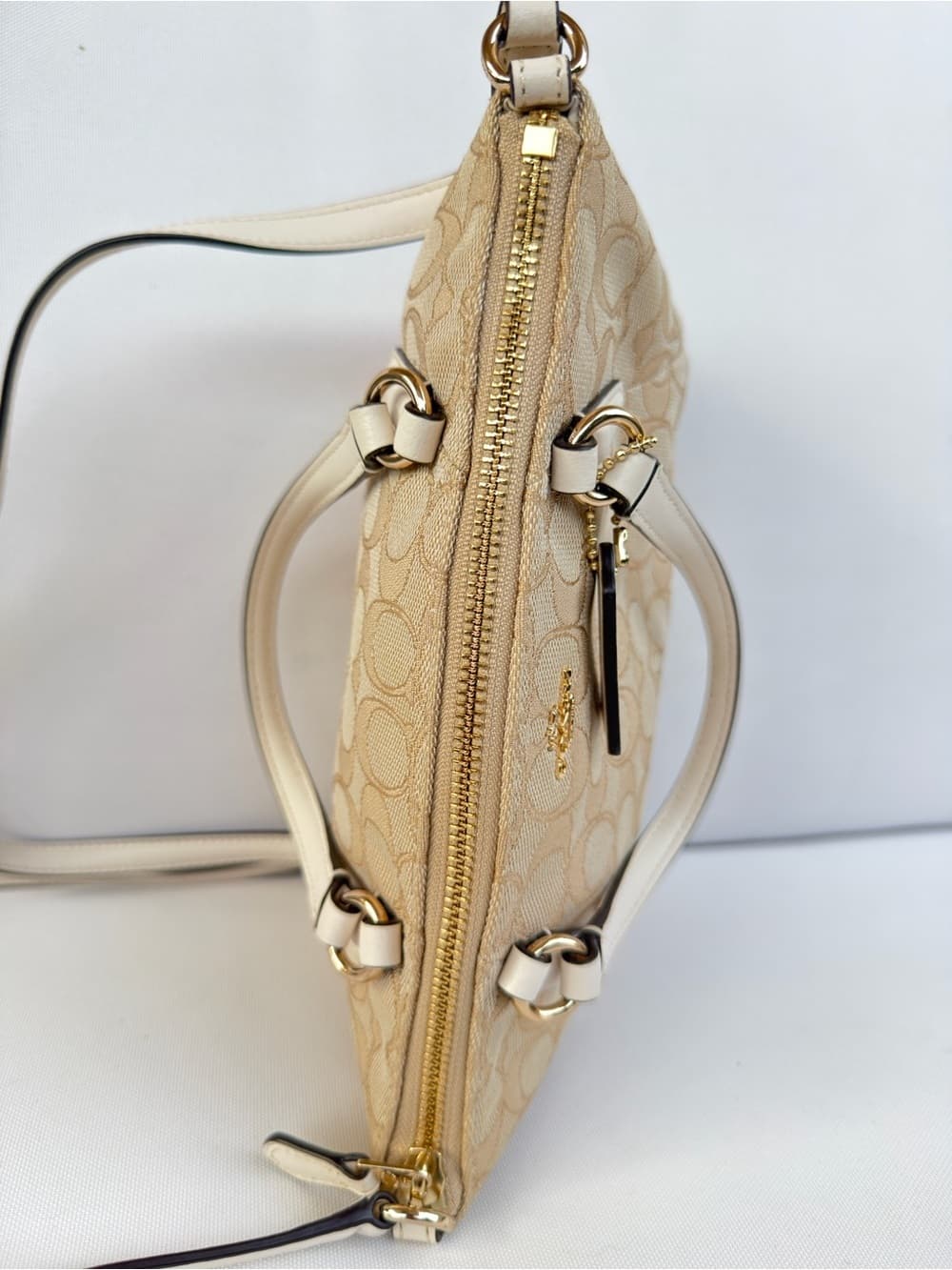 Coach Signature Canvas Mini Kelsey Satchel Beige White Leather Crossbody bag - Thumbnail 3