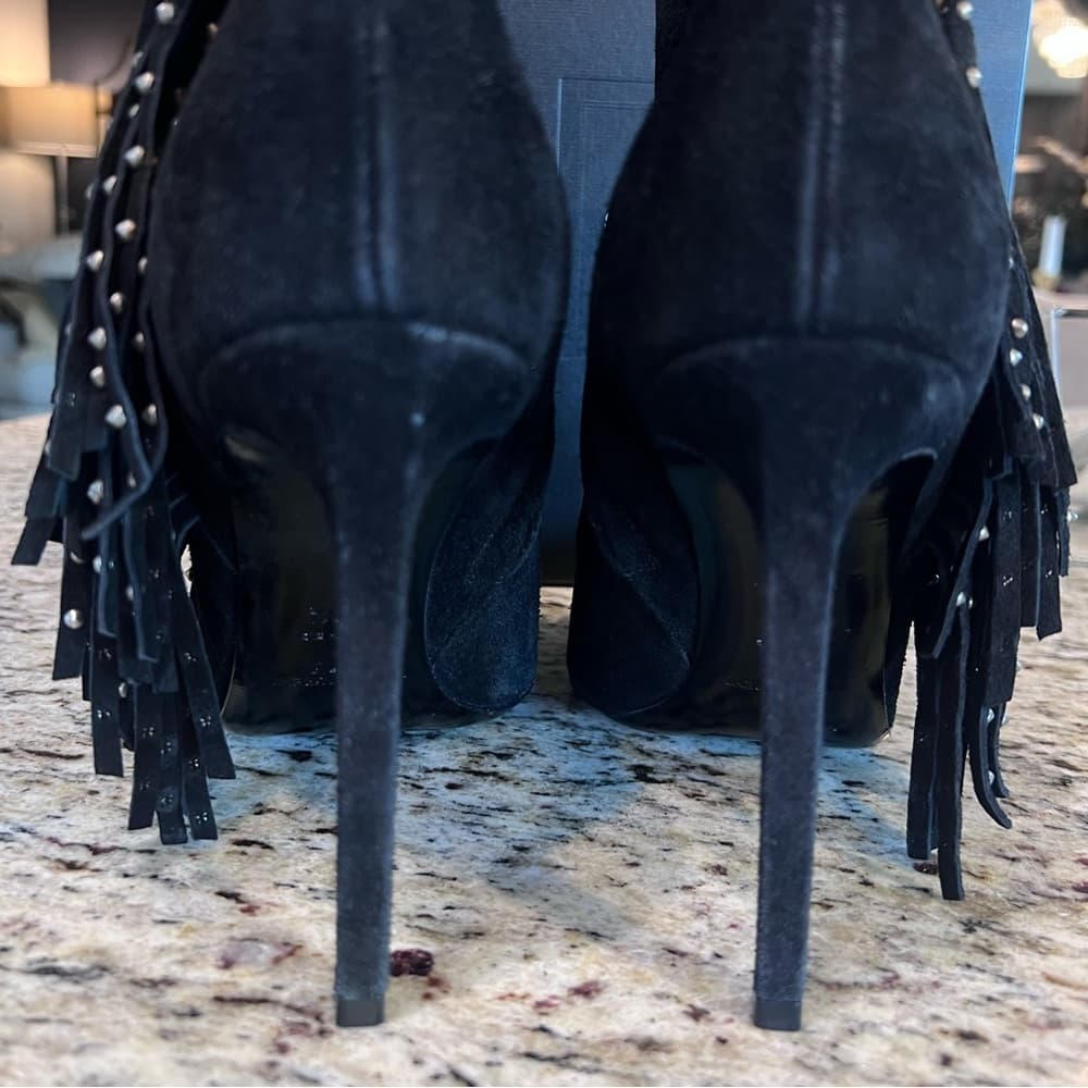Saint Laurent Black Suede Leather Studded Fringe Trim High Heel Booties EU 39.5 - Thumbnail 6