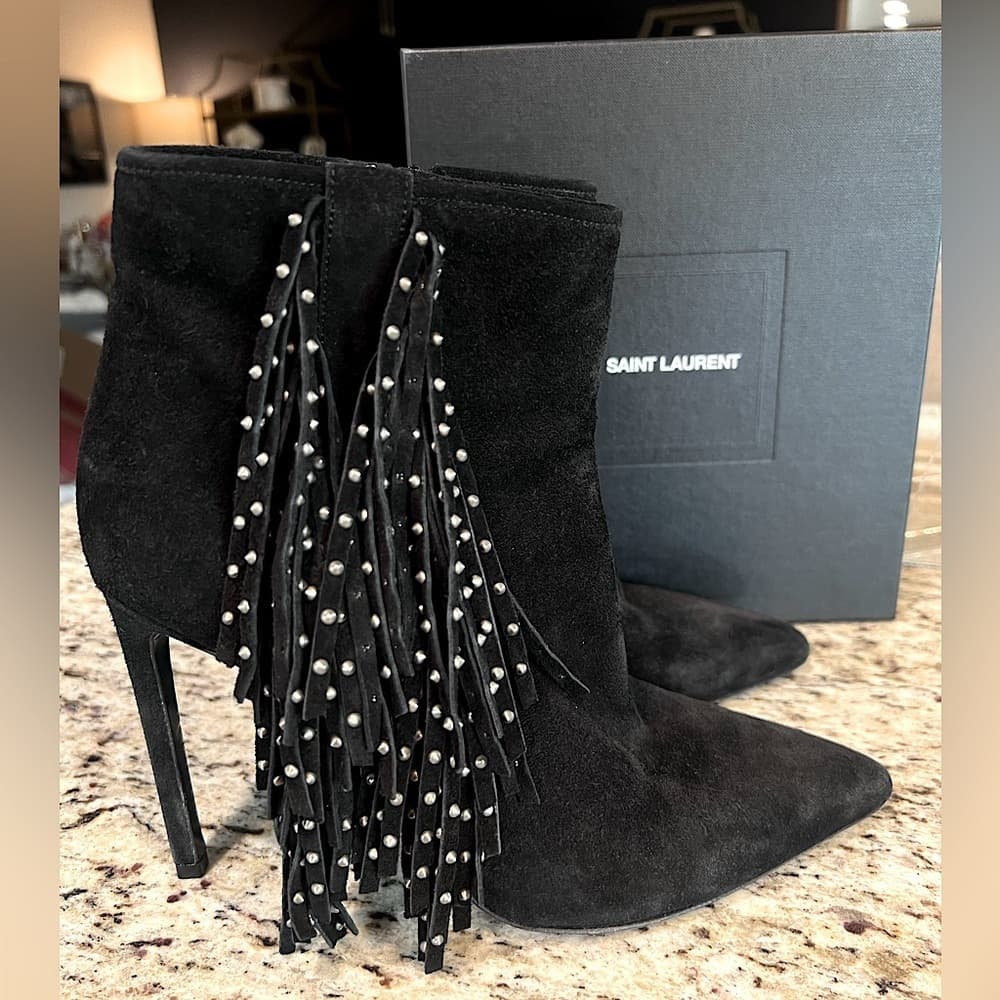 Saint Laurent Black Suede Leather Studded Fringe Trim High Heel Booties EU 39.5 - Thumbnail 3