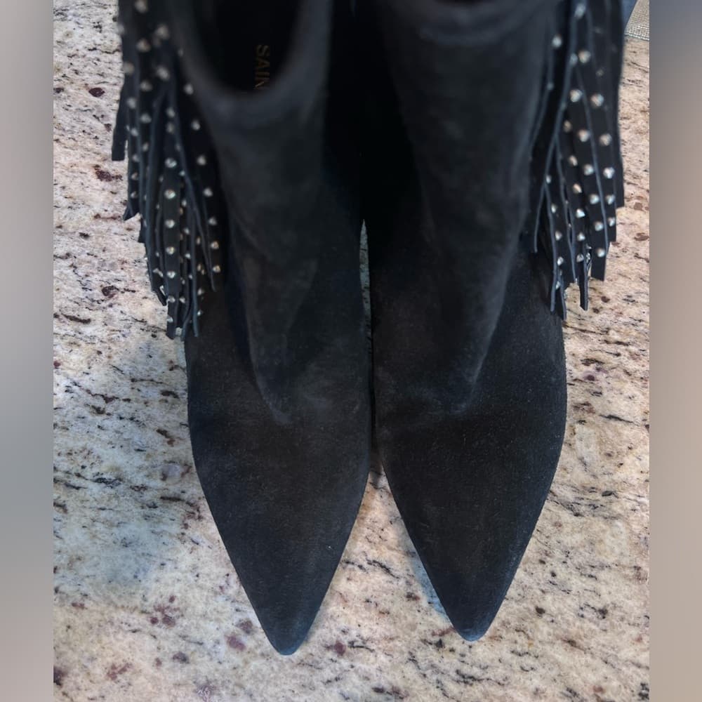 Saint Laurent Black Suede Leather Studded Fringe Trim High Heel Booties EU 39.5 - Thumbnail 4