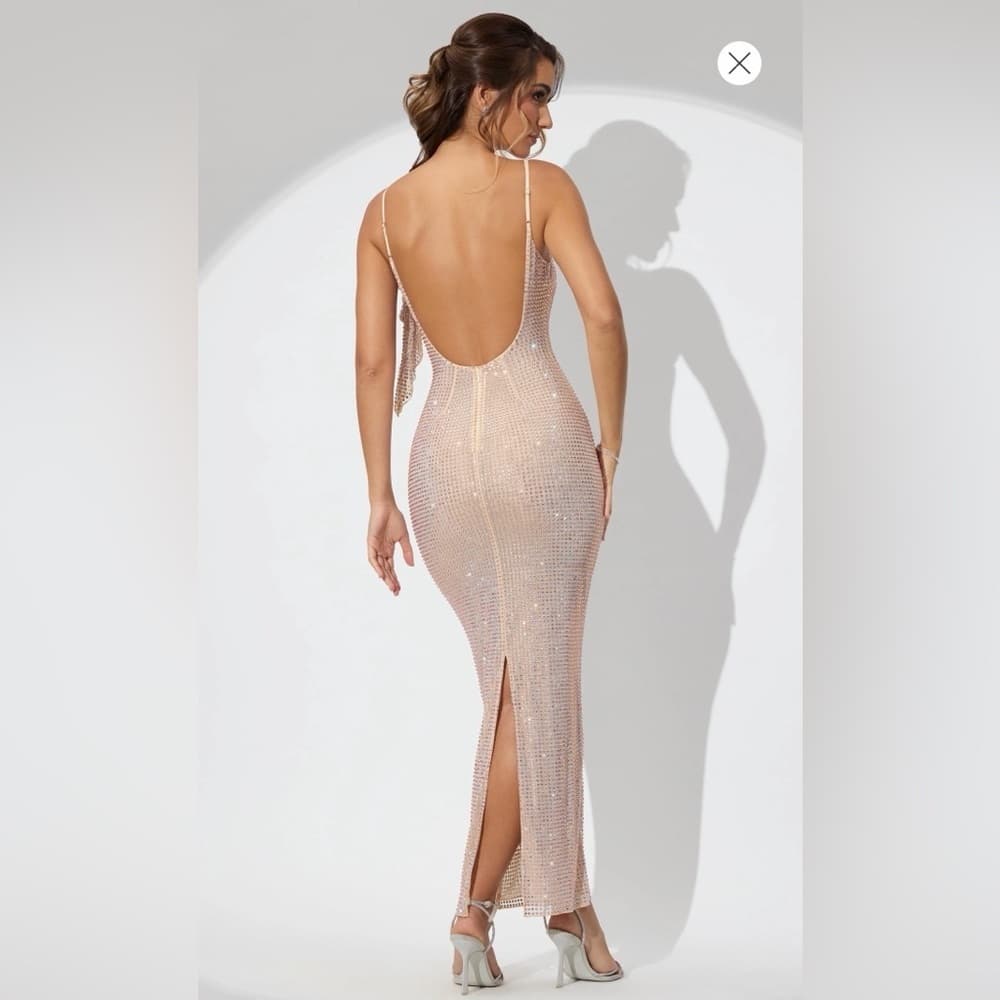 OH Polly Annelise Embellished Draped Ruffle Maxi Dress in Champagne US 8 UK 12 - Thumbnail 2