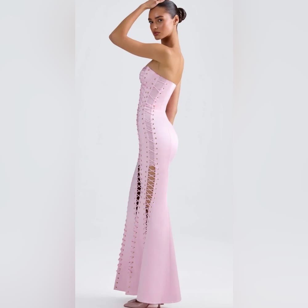 OH POLLY Callidora Pink Lace Up Front Detail Strapless Maxi Dress US 10 UK 14 - Thumbnail 2