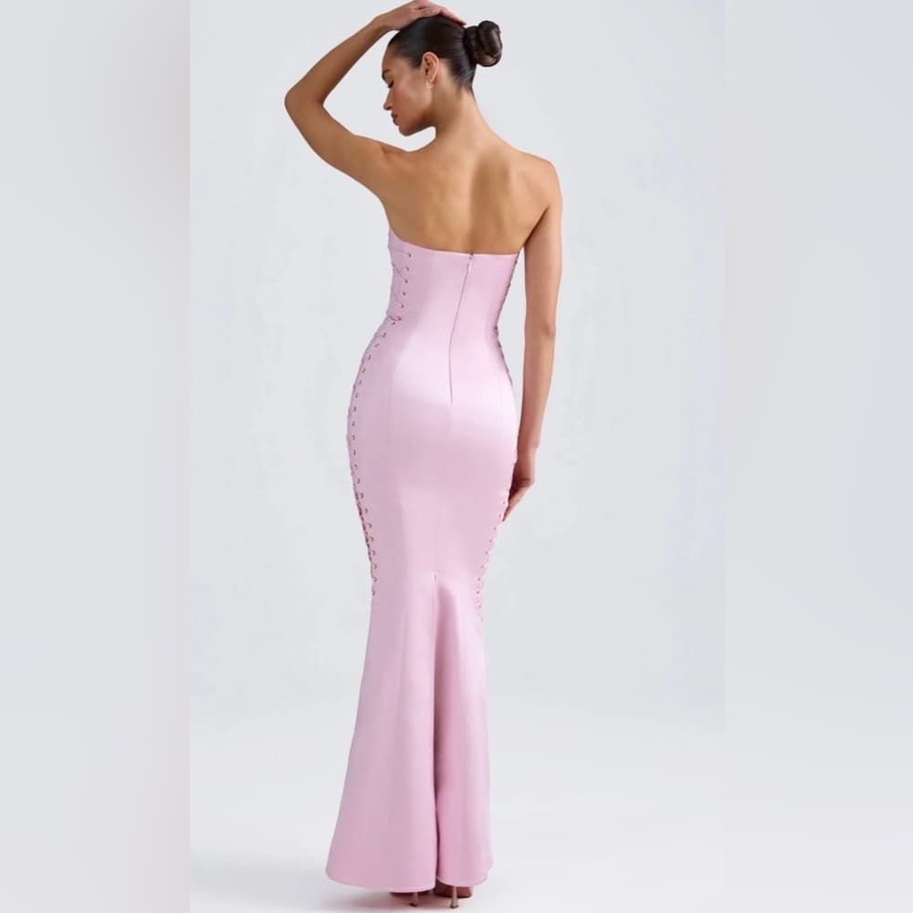 OH POLLY Callidora Pink Lace Up Front Detail Strapless Maxi Dress US 10 UK 14 - Thumbnail 4