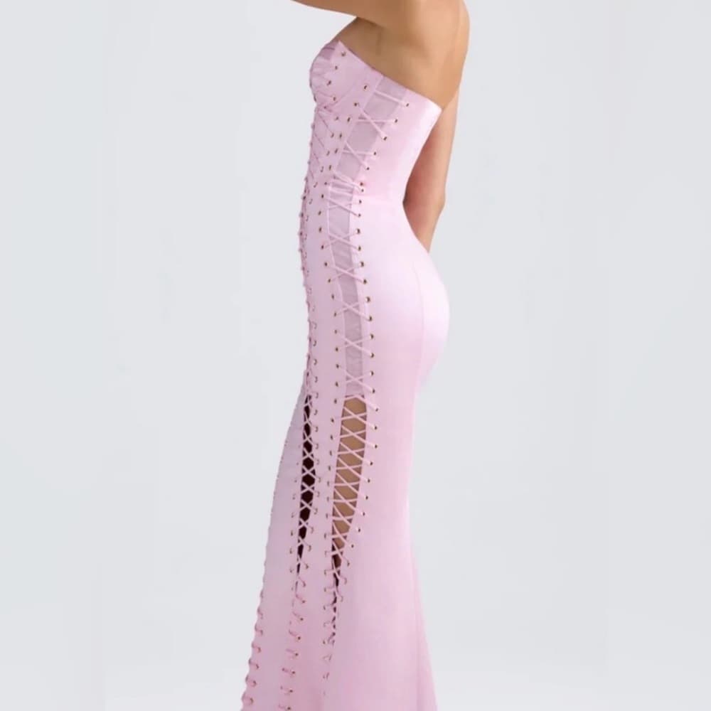 OH POLLY Callidora Pink Lace Up Front Detail Strapless Maxi Dress US 10 UK 14 - Thumbnail 3