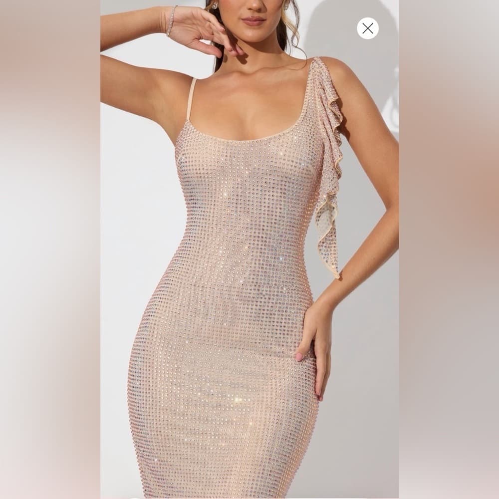 OH Polly Annelise Embellished Draped Ruffle Maxi Dress in Champagne US 8 UK 12 - Thumbnail 4