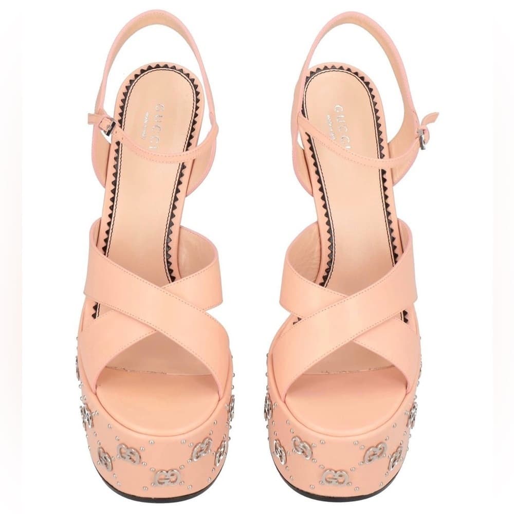 GUCCI GG Silver Malaga Platform Pink Leather Buckle Sandal Heels EU 40.5 Box NEW - Thumbnail 4